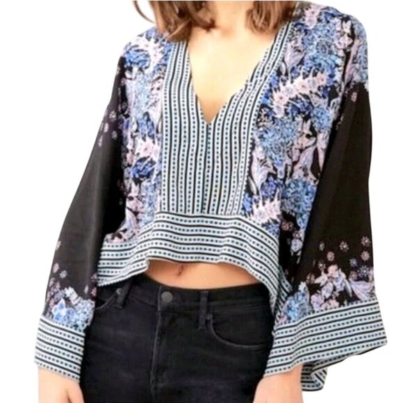 Free People Mix N Match Floral Top Kimono Sleeve Oversized Cropped Size XS - Picture 5 of 10